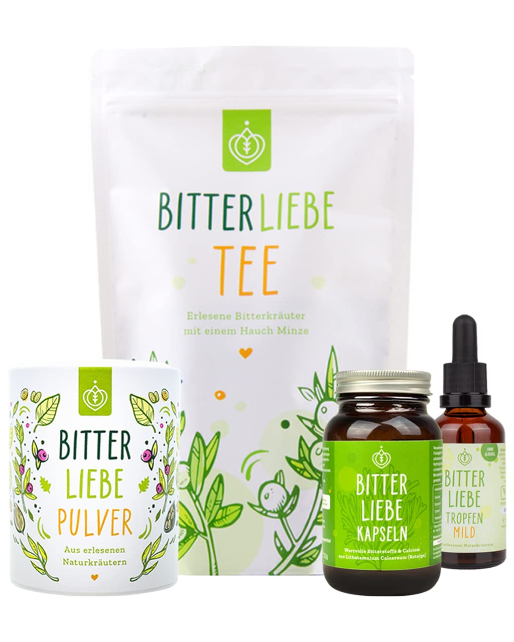 BitterLiebe® Premium Paket mild mit BitterLiebe Tropfen mild (50ml) Kapseln (90Stk.) Pulver (100g) und Kräutertee (100g) I Bitterstoffe aus Die Höhle der Löwen