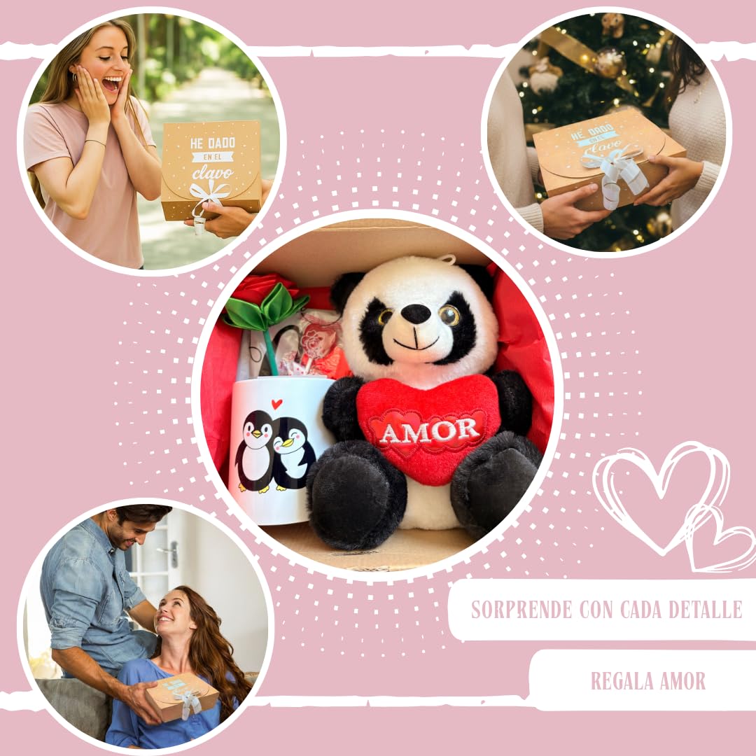 Pack de Peluche Romántico - Taza Pinguinos y más – Regalo Original para Aniversario y San Valentín – Pack Regalo para Novia Ideal para Parejas - Incluye Peluche, Taza, Piruletas y Rosa Eterna