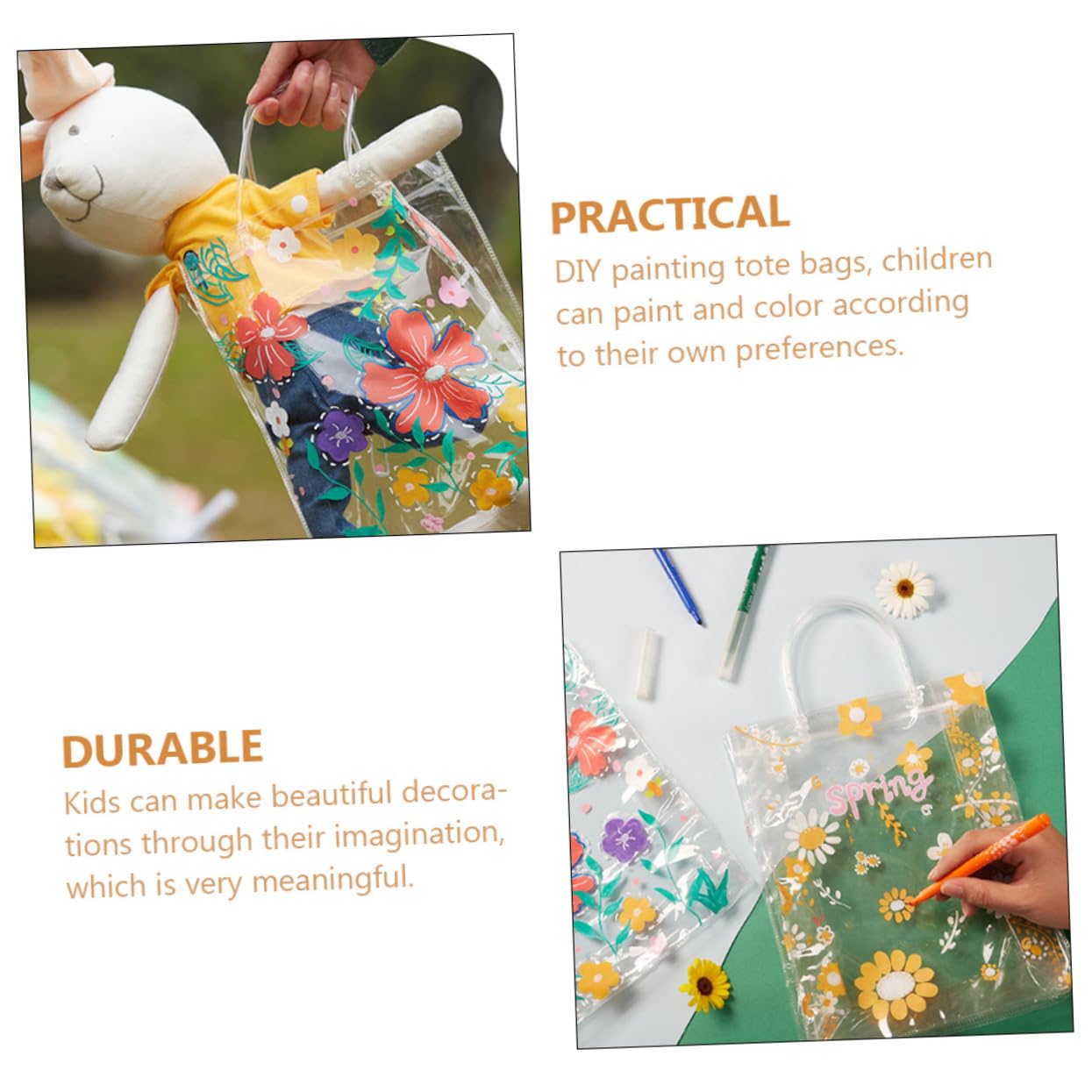 HEMOTON 12piezas Bolsas Tote Transparentes para Niño Niña para Pintar y Decorar Familia Material Ligero y Resistente para Manualidades y Almacenamiento
