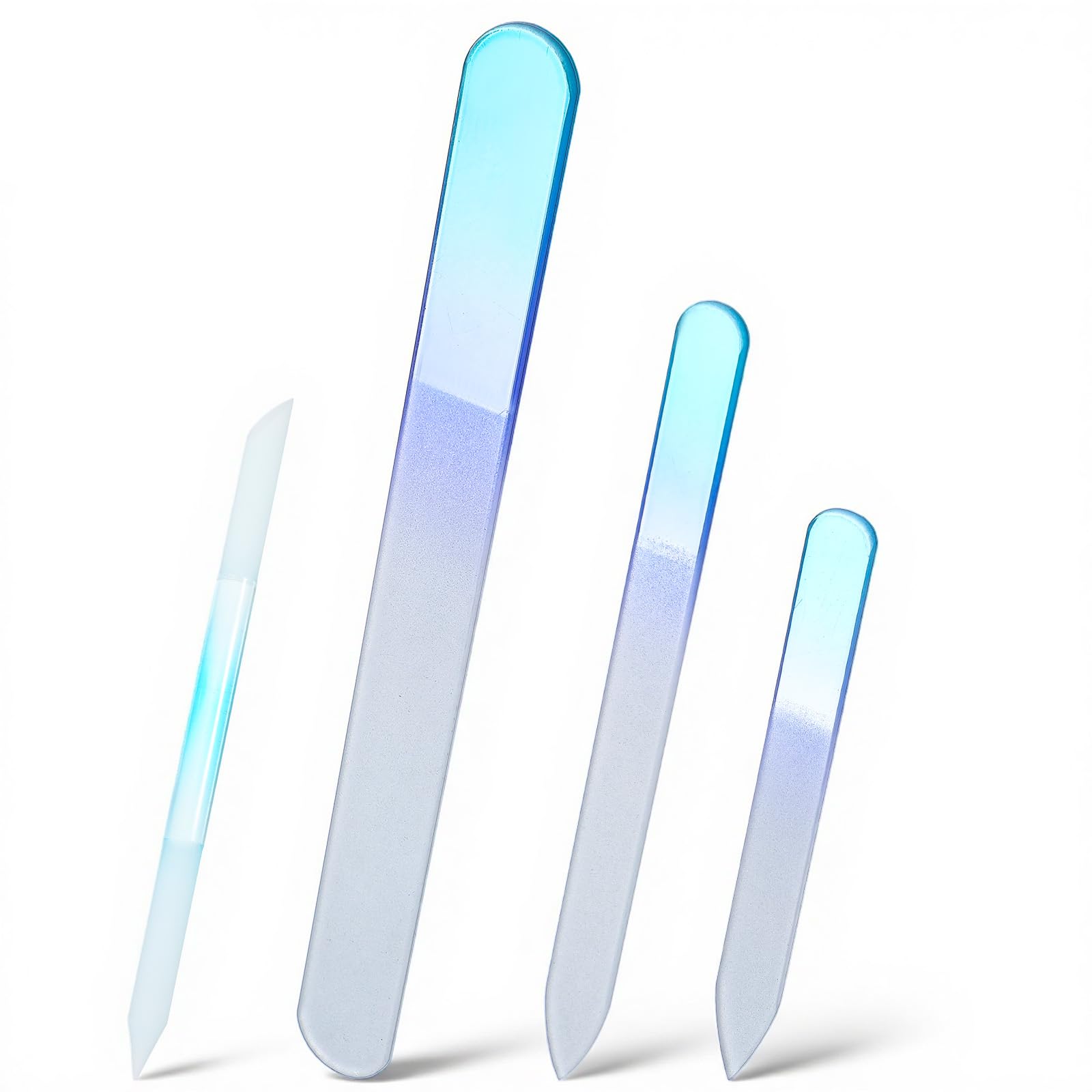 4 Pcs Glass Nail File and Cuticle Pusher Set, Gradient Blue Double Sided Crystal Nail Buffers for Natural Nails and Acrylic Nails Manicure Pedicure Tools