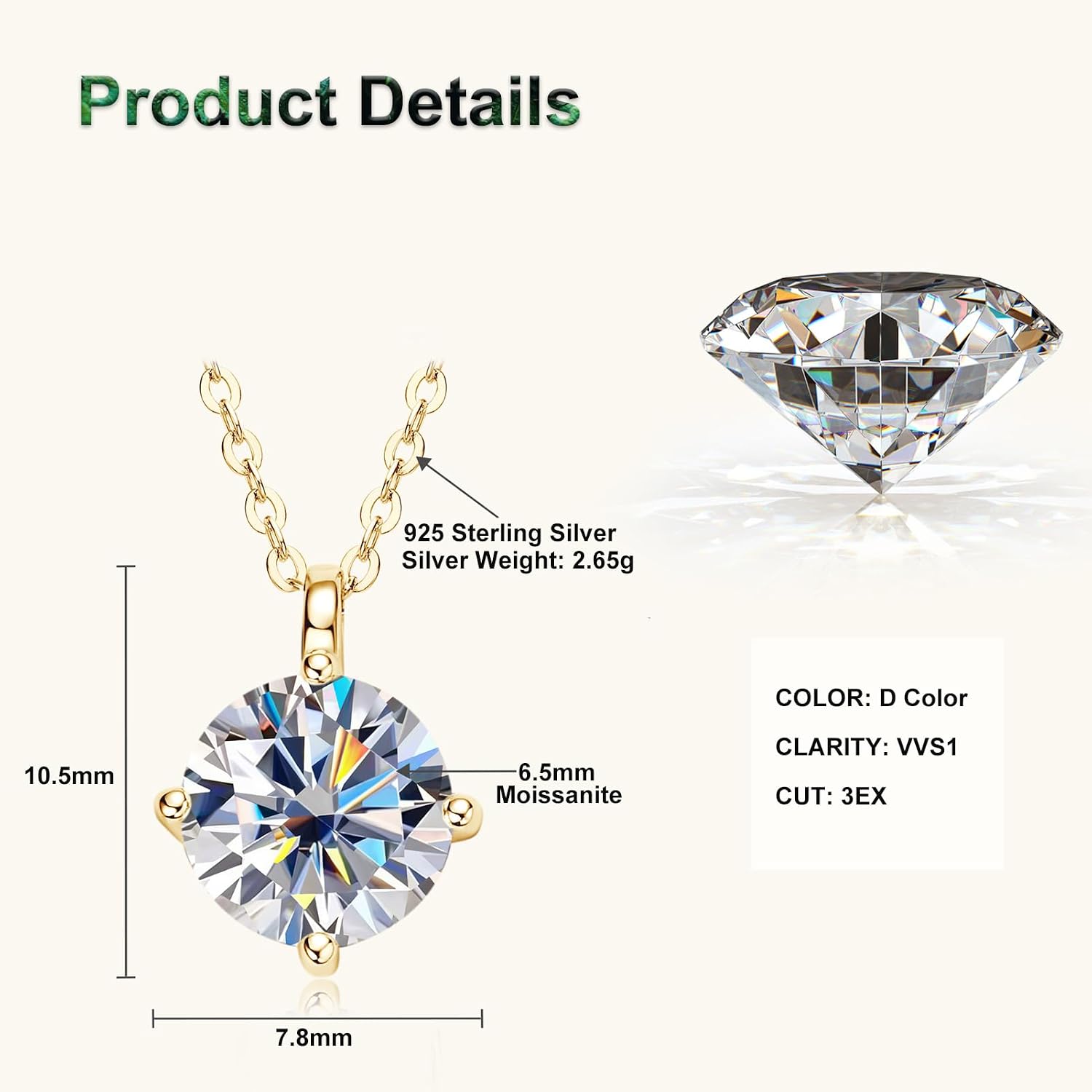 1-3CT Moissanite Pendant Necklace for Women, D Color VVS1 Clarity 925 Sterling Silver 4 Prong Pendant for Mom Wife Birthday Wedding Jewelry Gifts