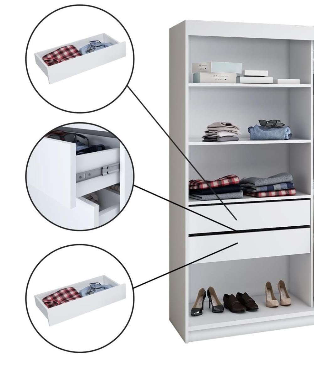 A&J MöbelLand Schwebetürenschrank IOSA Kleiderschrank 3-türig mit 4 Schubladen & 3D Lamellen, Garderobe 200 cm (Weiß/Weiß/Weiß/Weiß)
