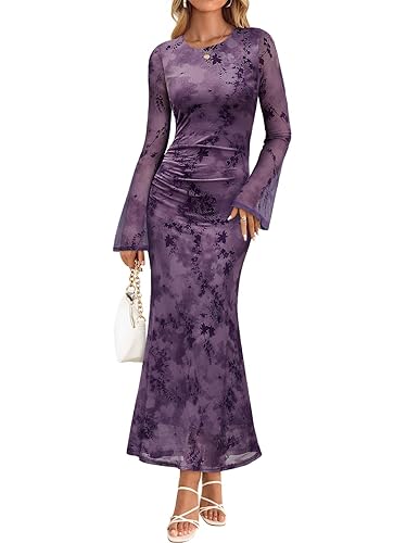 ZESICA Women's Long Sleeve Floral Bodycon Dress 2025 Fall Fashion Ruched Mesh Wedding Guest Cocktail Party Maxi Dresses - Tie Dye Purple - Small