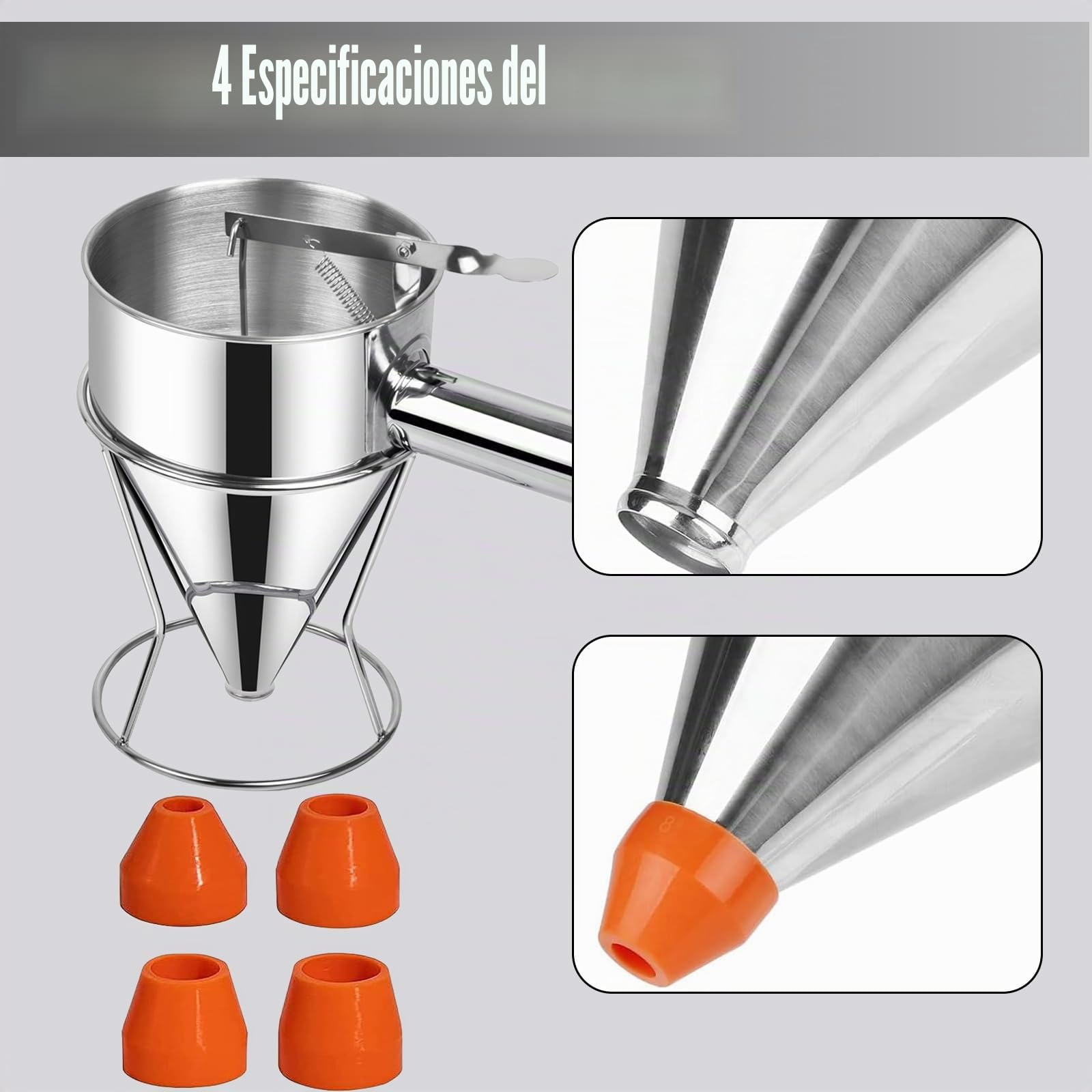 Acero Inoxidable Dispensador de Masa 1200ml, Dosificador de Masa para Panqueques, Embudo para Hornear de Acero Inoxidable, Soporte y 4 Boquillas Diferentes para Panqueques, Waffle, Cocina