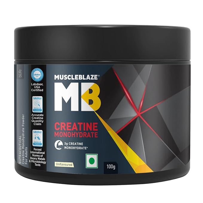 MuscleBlaze Creatine Monohydrate 100gm, Labdoor USA Certified (Unflavoured, 33 Servings) at Rs. 499