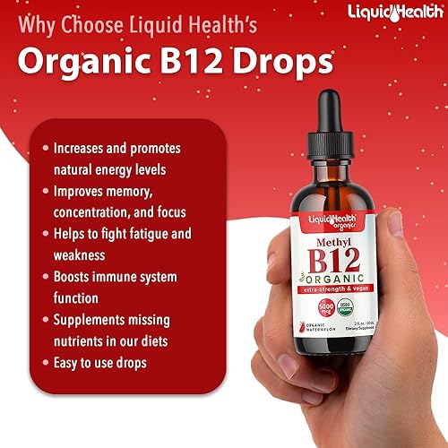 Miniatura 3 de LIQUIDHEALTH Metil Vitamina B12 Gotas puras líquidas orgánicas, impulso de energía de metilcobalamina, enfoque mejora la memoria, metabolismo