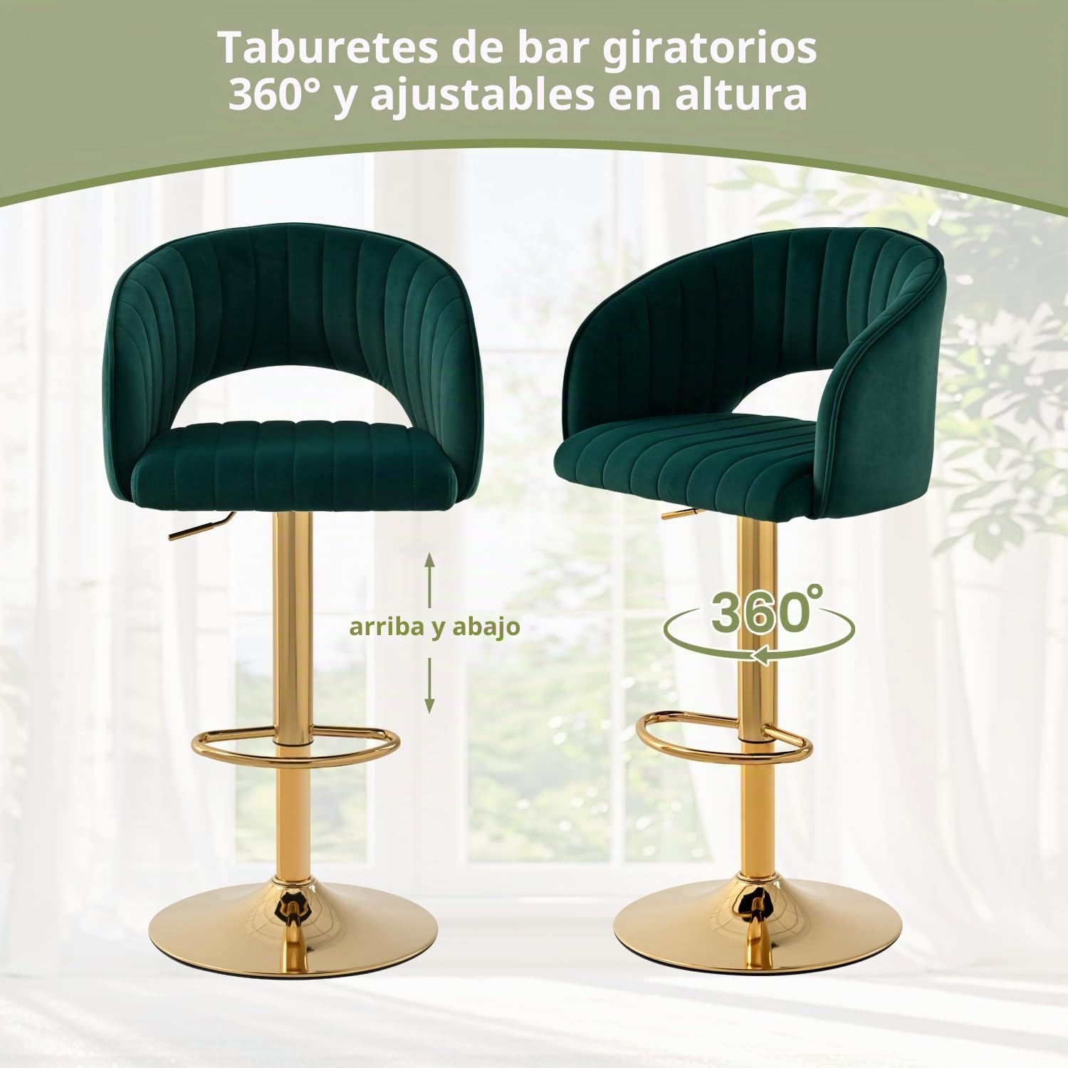 Juego de 2 taburetes de Bar de Terciopelo, Altura Regulable con Respaldo y reposabrazos, Giratorio 360°, Taburete de Cocina, Taburete para barbero, reposapiés Dorado, para Comedor, Isla de,Esmeralda