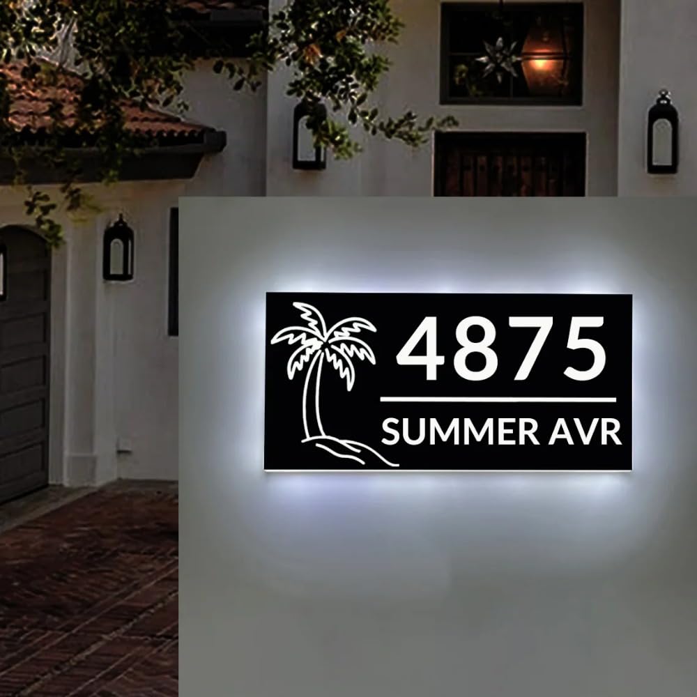 Personalisierte beleuchtete Hausnummern für draußen, individuelle LED-Türnummern für Haustür, Adressschild (kaltweißes Licht, 20 x 10 cm)