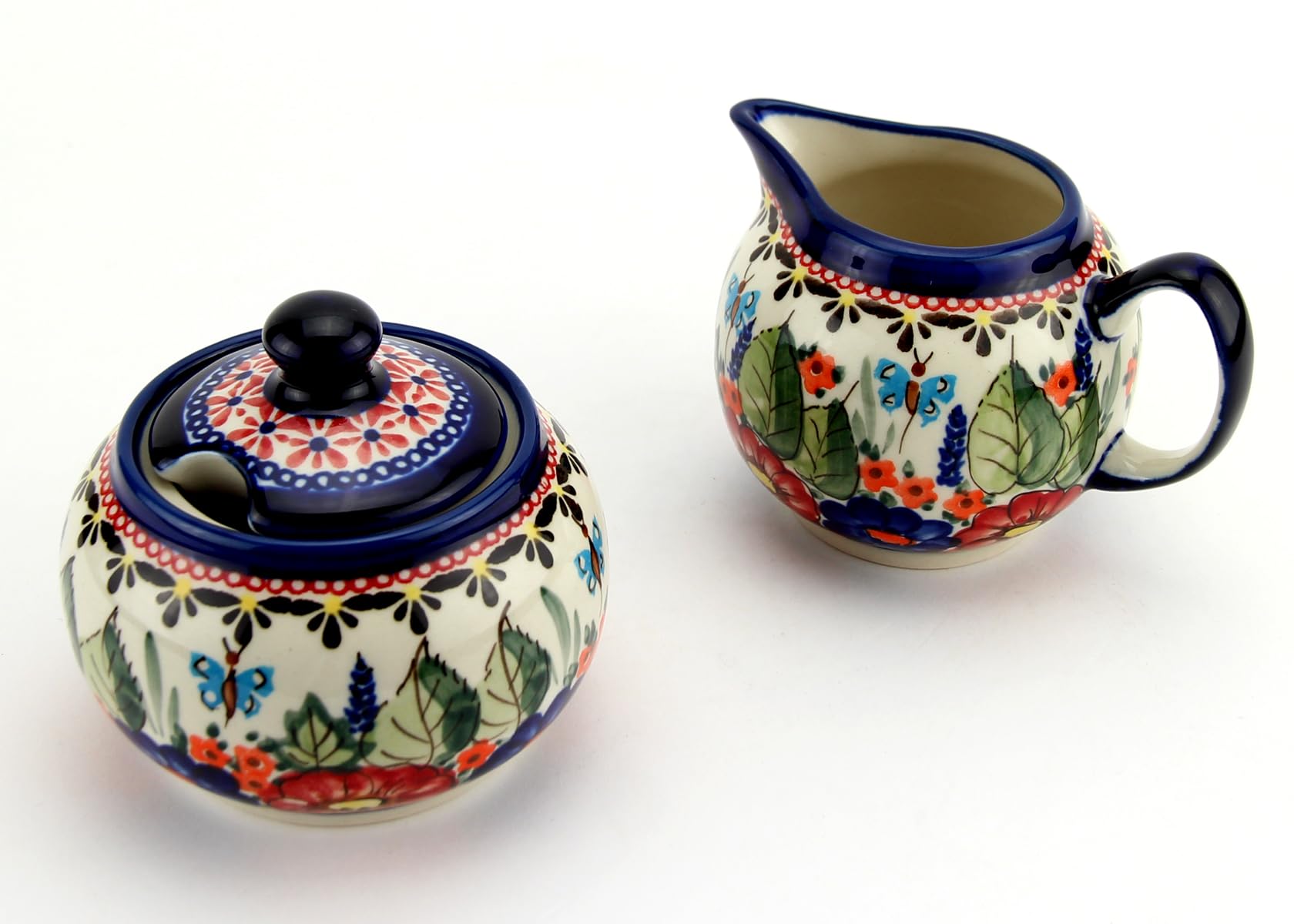Polish Pottery Market Sugar Bowl with Lid and Creamer Set - 10 Oz. Sugar Bowl & 9 Oz. Cream Pitcher -Hand-painted Stoneware by Zaklady Boleslawiec Poland - Unikat Design