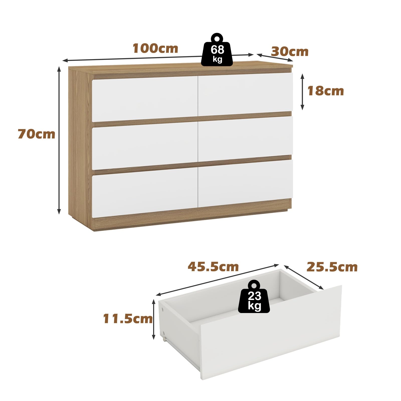 GRAVFORCE Kommode mit 6 Schubladen Sideboard mit Großer Kapazität, Holz Schubladenschrank für Schlafzimmer Wohnzimmer Flur Büro Organizer (100Bx30Tx70H)