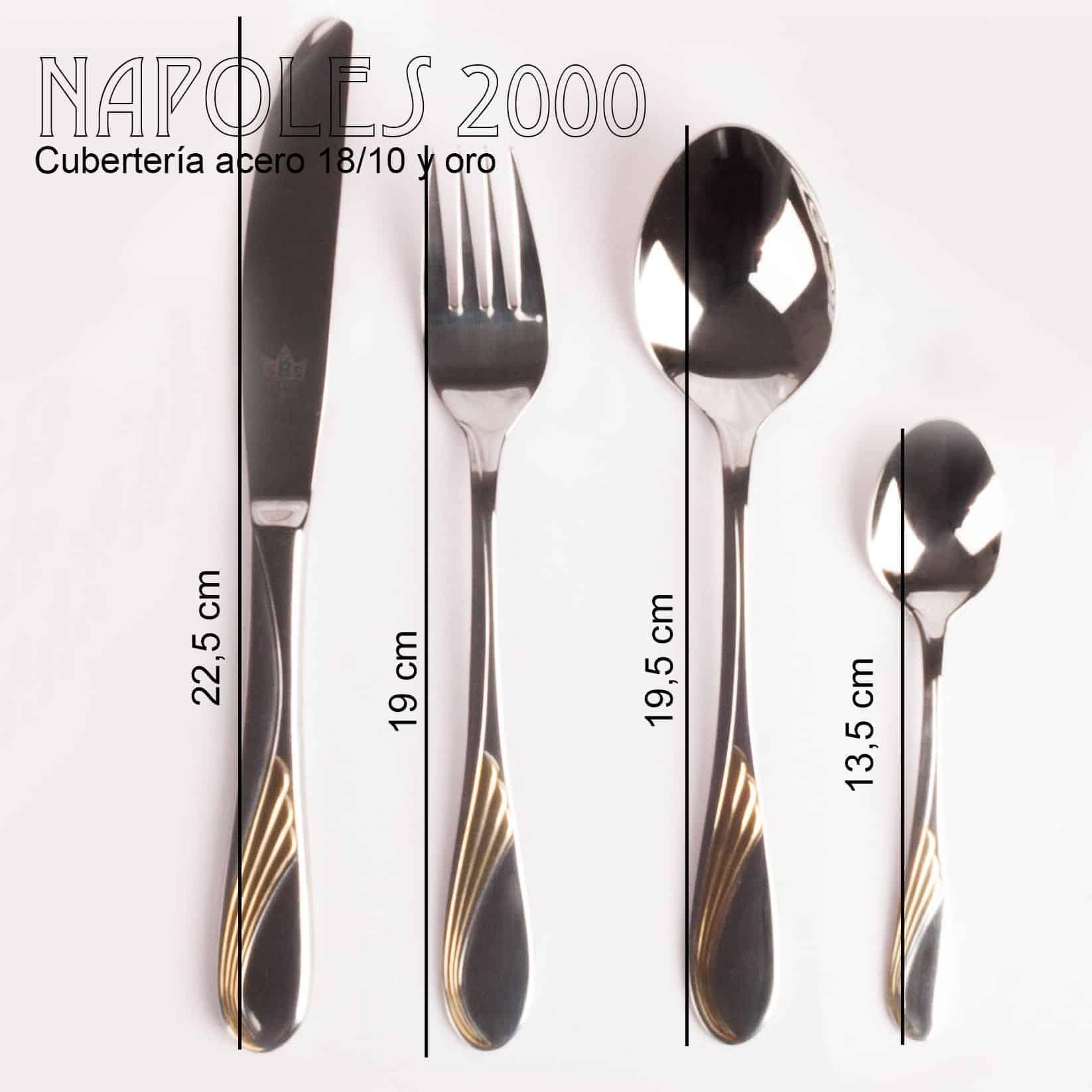 Juego de cubiertos en acero inoxidable 18/10 pulidos y decorados en oro (24 piezas) Nápoles, 6 cucharas, 6 tenedores, 6 cuchillos, 6 cucharas de postre