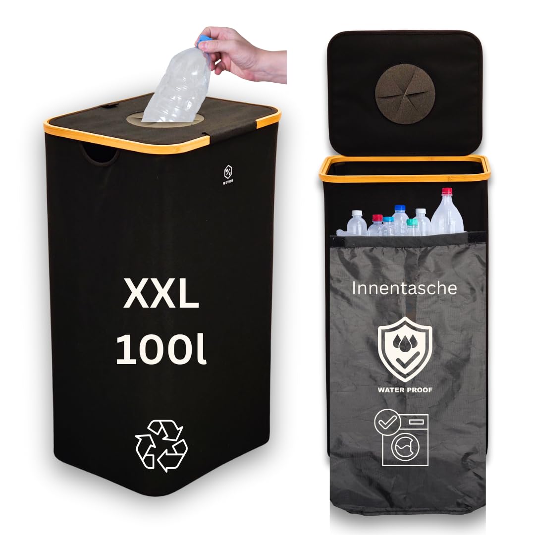Pfandflaschen Sammelbehälter mit waschbarer Innentasche – Recycling-Behälter für PET-Flaschen und Dosen – Leicht aufzubauen, platzsparend – Perfekt für Mülltrennung in Küche oder Büro, XXL (Schwarz)