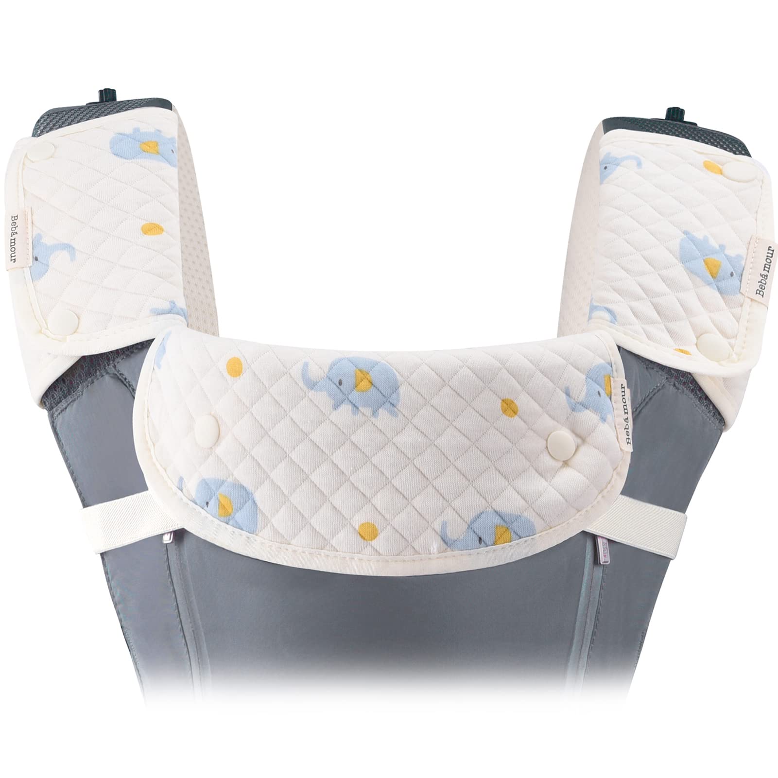 Bebamour Saugnäpfe für Babytragetasche, Zahnenunterlagen, Sabberlätzchen, Baumwolle, Babytrage-Lätzchen, 3 Stück, passend für alle Marken, Babytragetasche, blauer Elefant