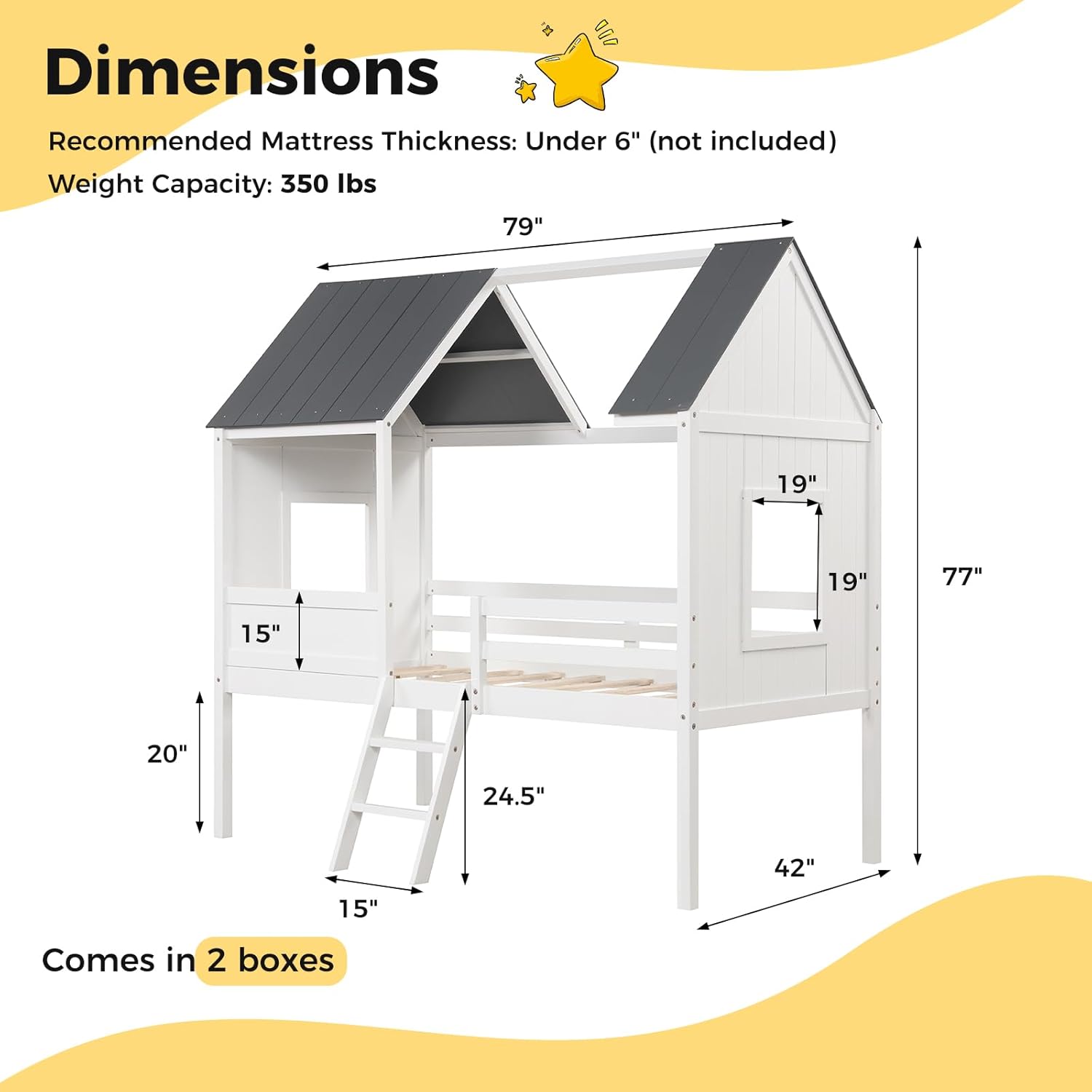 KOMFOTT Twin House Bed, Wood Kid’s Low Loft Bed Frame with Guardrails, Ladders & Storage Space, Wooden Playhouse Bed Frame with Windows & Roof for Boys and Girls, No Box Spring Needed (White)