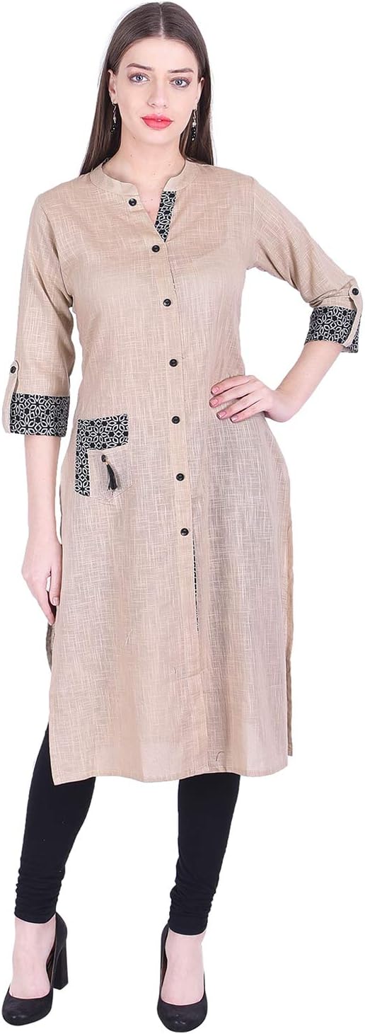 FaunaShawCotton Straight Women's Kurta Casual Wear Kurti 3/4th Sleeve Button Down Top Mandarin Collar, Beige, XXL