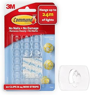 3M Command Clear Decorating & organizing wall hooks, Holds Strongly, Damage free, Reusable, Adhesive hooks for wall, Multi-surface, hooks for hanging (Transparent, 20 clips, 24 strips), Plastic