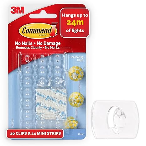 3M Command Clear Decorating & organizing wall hooks, Holds Strongly, Damage free, Reusable, Adhesive hooks for wall, Multi-surface, hooks for hanging (Transparent, 20 clips, 24 strips), Plastic