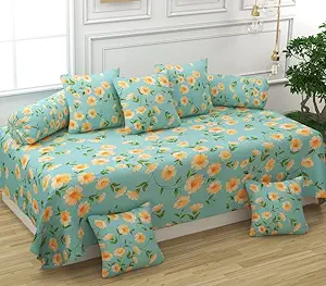 DERCHIKA Diwan Set Covers Cotton 8 Pieces Pure Cotton Designer Printed Standard Diwan Set (1 Single Bedsheet 2 Bolster Covers 5 Cushion Covers (Green (Floral))