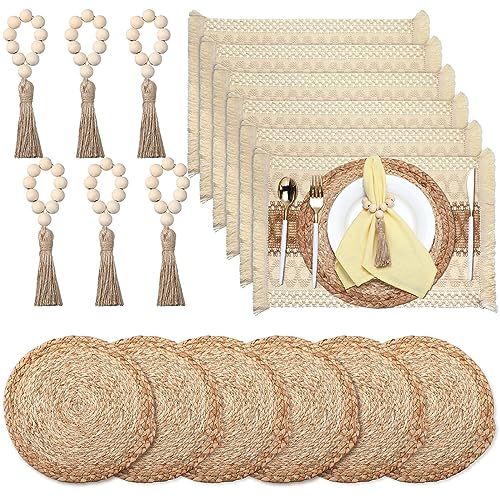 Zhehao 6 Set Boho Placemats Natural Cotton Burlap and Grass Woven Table Mats Trim Farmhouse Style Placemats with Tassels Wooden Beads Napkin Rings for Table Kitchen