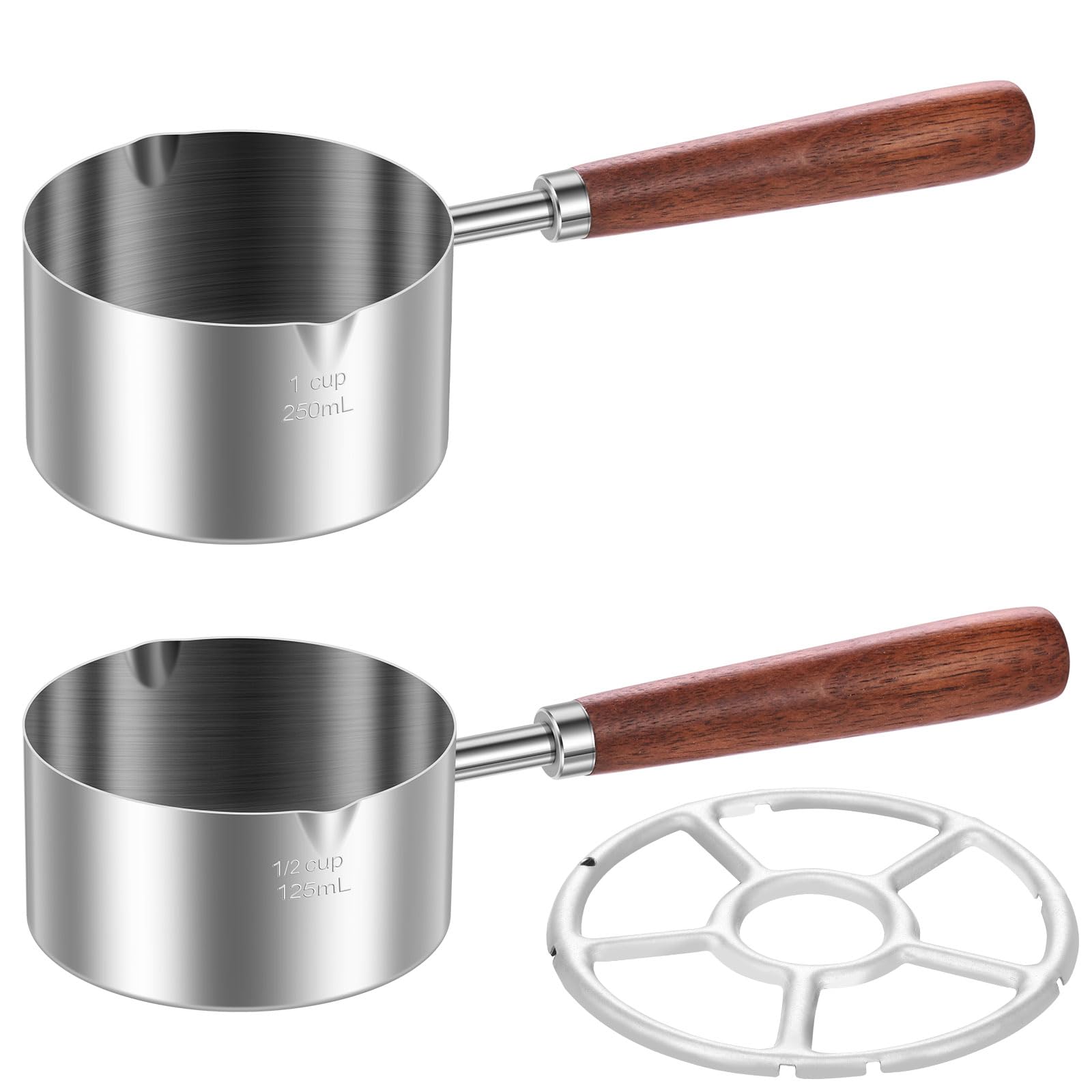 2 Pcs Stainless Steel Pot Butter Warmer with Stove Rack, Multipurpose Melting Pot with Double Spouts and Long Wood Handle, Dishwasher Safe Sauce Pan for Cooking Coffee/Milk Warmer