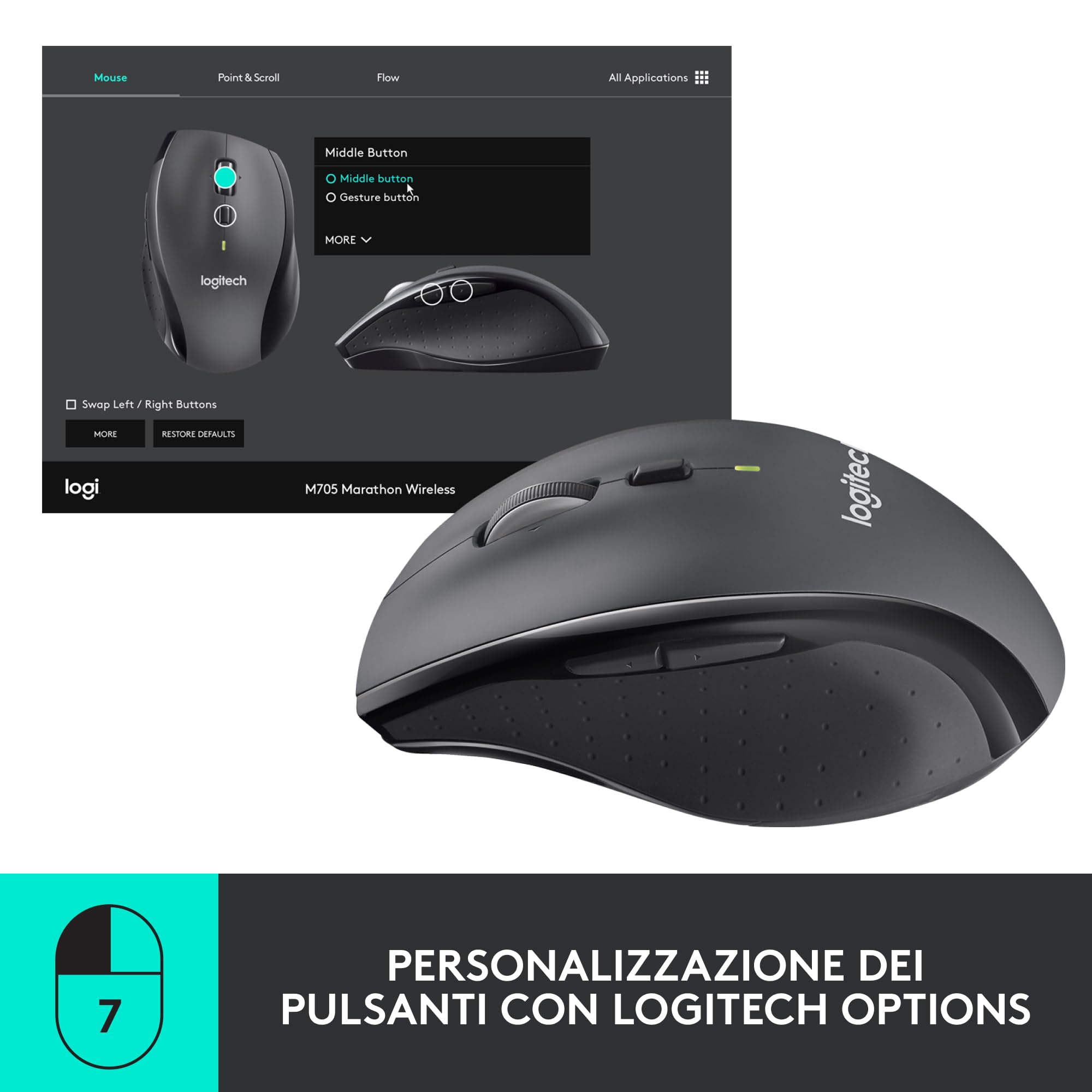 Logitech M705 Marathon Mouse Wireless, Ricevitore USB Unifying 2,4 GHz, 1000 DPI, 5 Pulsanti Programmabili, Durata Batteria di 3 Anni, Compatibile con PC, Mac, Laptop, Chromebook - Nero