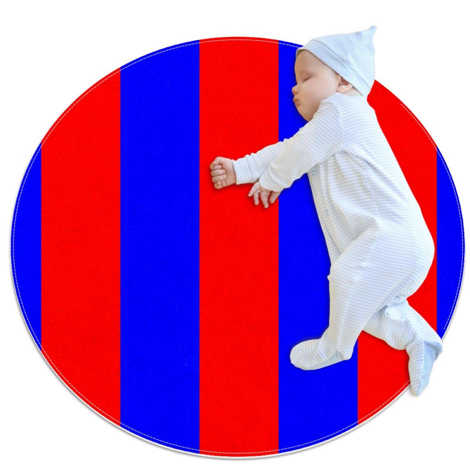 Tapis de bain rond rayé rouge et bleu de 1m de diamètre pour chambre d'enfant