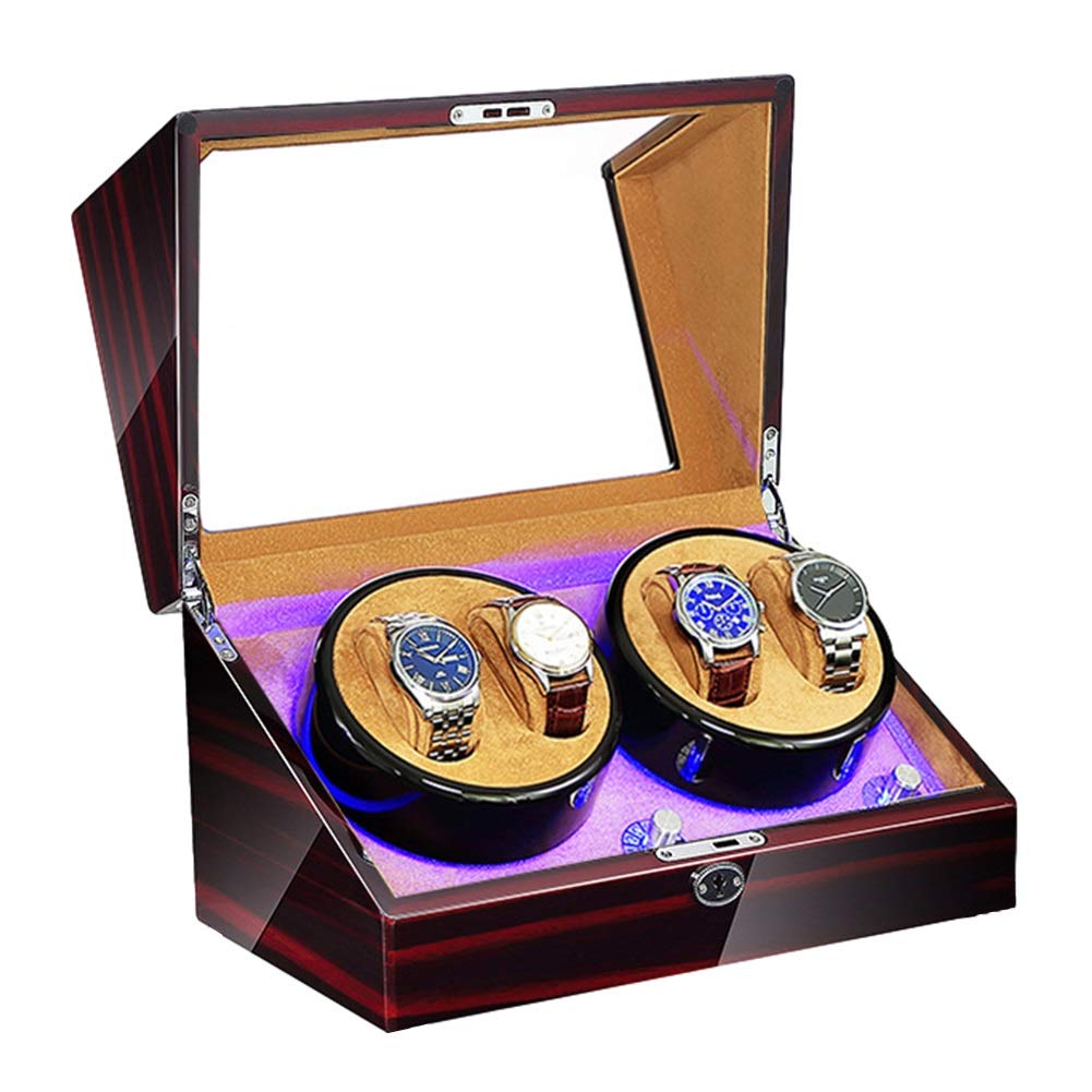 CGCSYZ Watch Winder for 4 Automatic Watch with LED Illumination Piano Paint Exterior Super Quiet Motor AC Adapter and Battery Powered (Brown)
