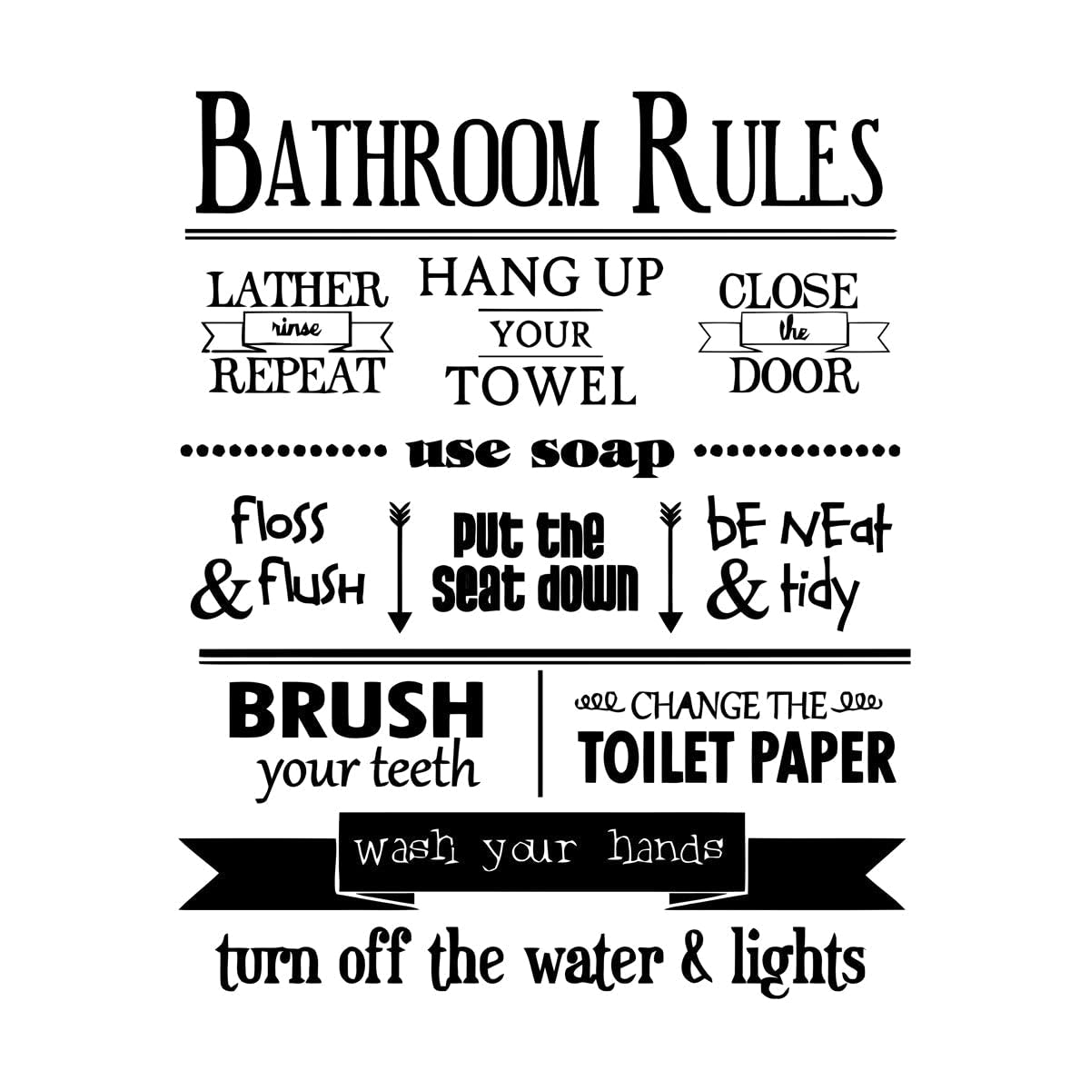 Lzhouting Wall Stickers 1233 Bathroom Rules Vinyl Wall Decal Toilet Bathroom Decoration Wash Hands Rules Wall Sticker Kids Bathroom Rule Wall Poster Large - 58X72cm