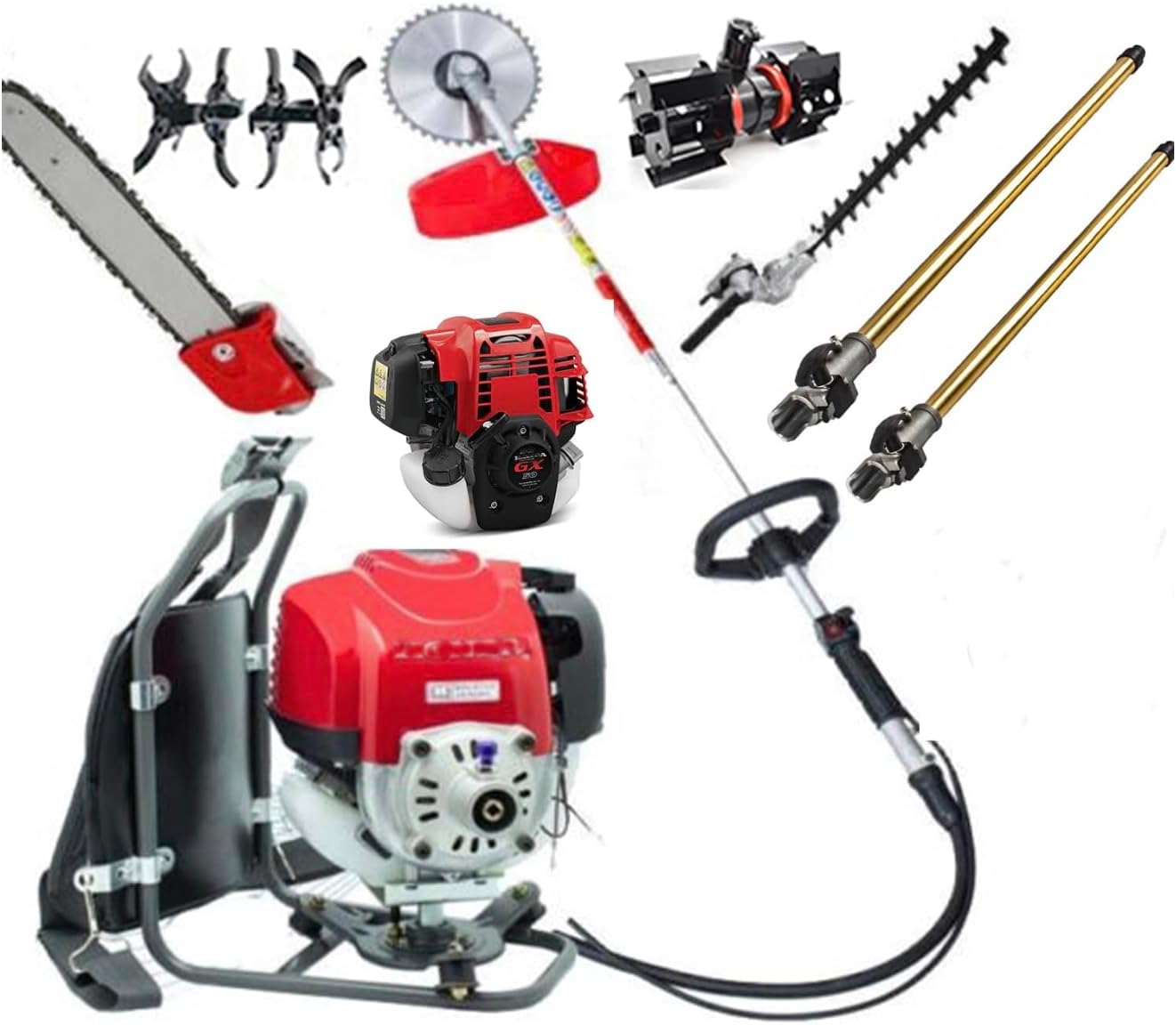GX50 Backpack 4 Strokes String 7 in 1 Brush Cutter weedeater Lawn Mower Hedge Trimmer Pole Saw Tiller rototiller red