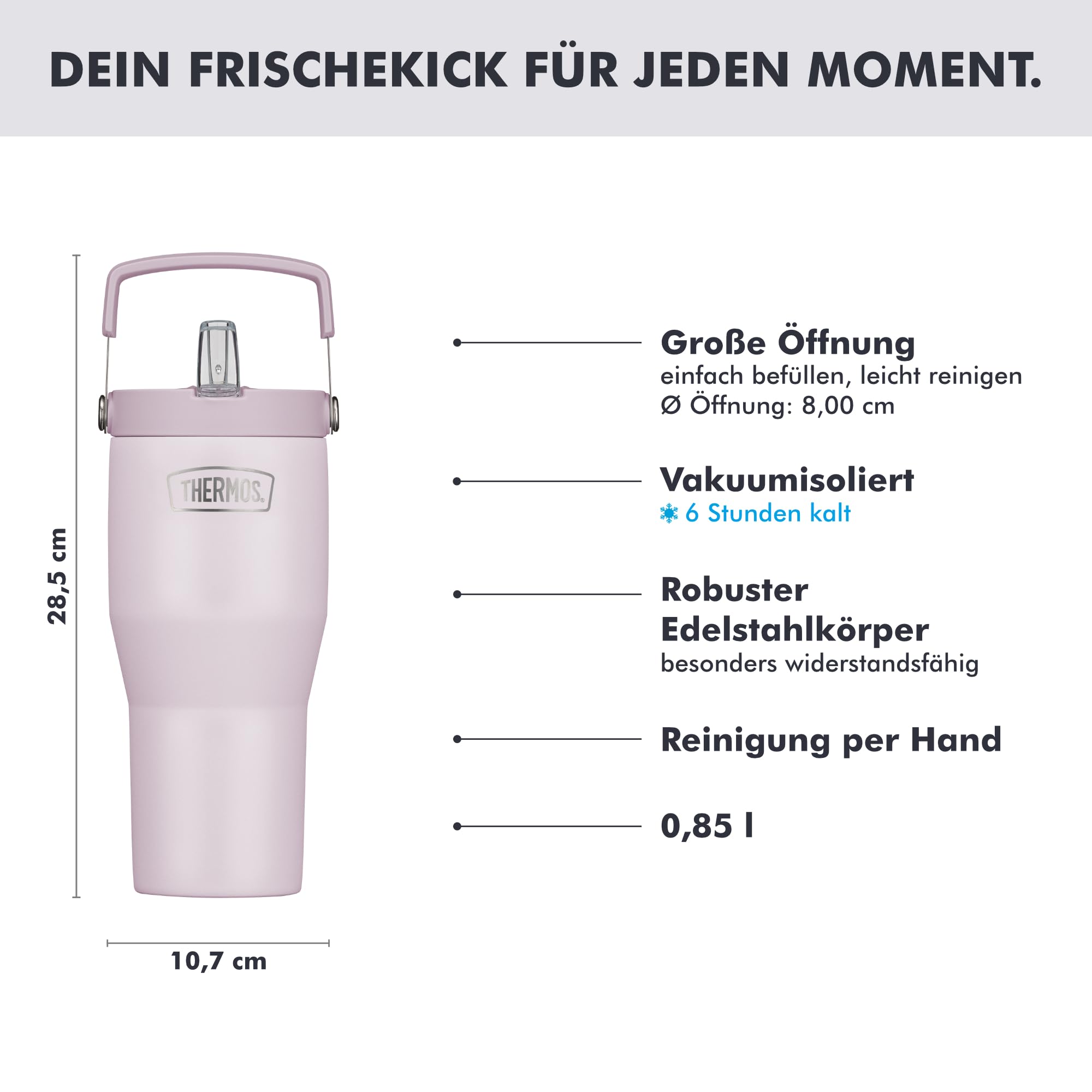 Thermos Flip Straw Tumbler mit Strohhalm und Henkel, 0,85 l, lavender mat | 6 h kalt, Isolier-Trinkbecher Flip-Strohhalm, doppelwandiger Edelstahl, für unterwegs & zuhause, lila, REFRESHING SERIES