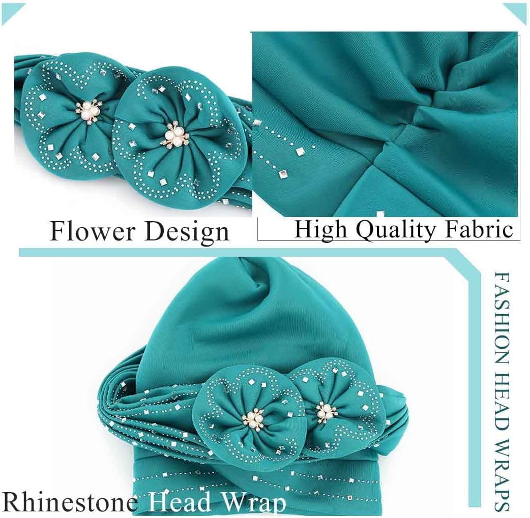 Woeoe Beanie Cap Head Wrap Black Rhinestones Head Scarf Flower Pearls Twisted Head Turban for Women Girls - Image 5