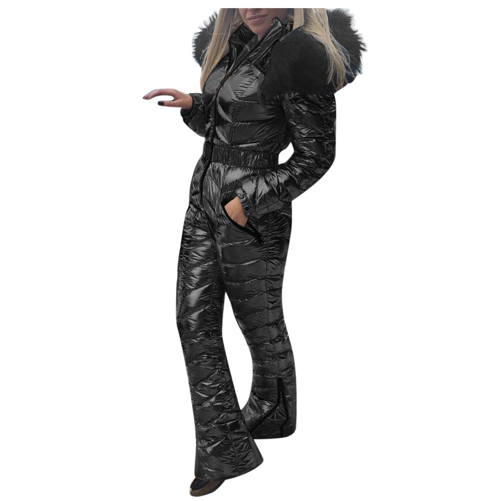 Waterdicht skipak voor dames, sneeuwpak voor dames, casual sportsneeuwpakken met capuchon, modieuze metallic outdoor sport skisets met ritszakken, gezellige gewatteerde jumpsuit met capuchon, Koffie