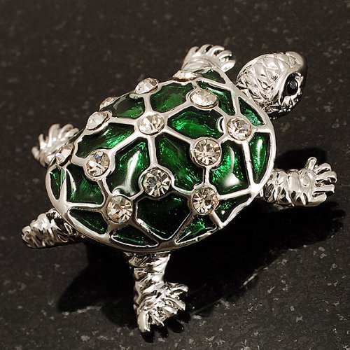 Image of Cute Green Enamel Crystal Turtle Brooch (Rhodium Plated)
