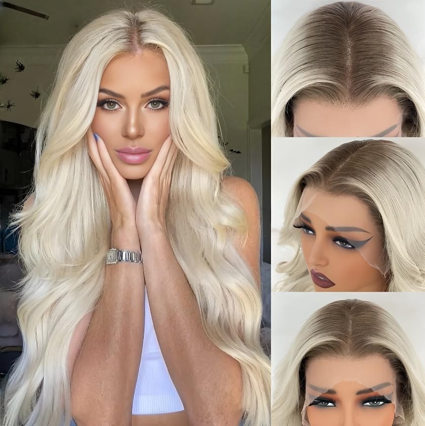 Image of Balayage Highlight Ombre Platinum Blonde Lace Front Wigs Human Hair Body Wave Pre Plucked 180 Density Platinum Blonde Human Hair 13x4 Front Wigs Glueless Lace Front Wig for Women ( Body Wave, 26 Inch)