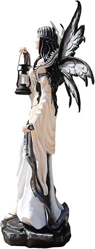 Miniatura 2 de Ebros Gift Lanzador de hechizos grande de 4 pies, hada blanca como la nieve de invierno con dragón blanco y linterna LED solar, estatua de hada de
