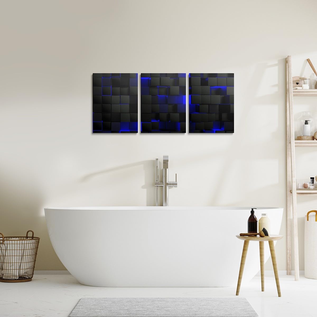 Erosebridal Abstract Wall Art 3 Piece Black Blue Wall Decor For Teen Boys Gamer Room 12"X16",Stereoscopic Geometric Checkered Posters Pictures,Neon Grids Prints For Living Room Bathroom image 5