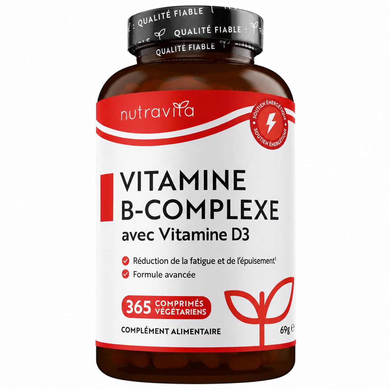 Vitamine B Complex Extra Fort avec Vitamine D - 365 Comprimés 1 an d'Approvisionnement - Sans Gluten - 8 Vitamines B actives - B1, B2, B3, B5, B6, B7 (Biotine) B9 (Acide Folique) B12 - Nutravita