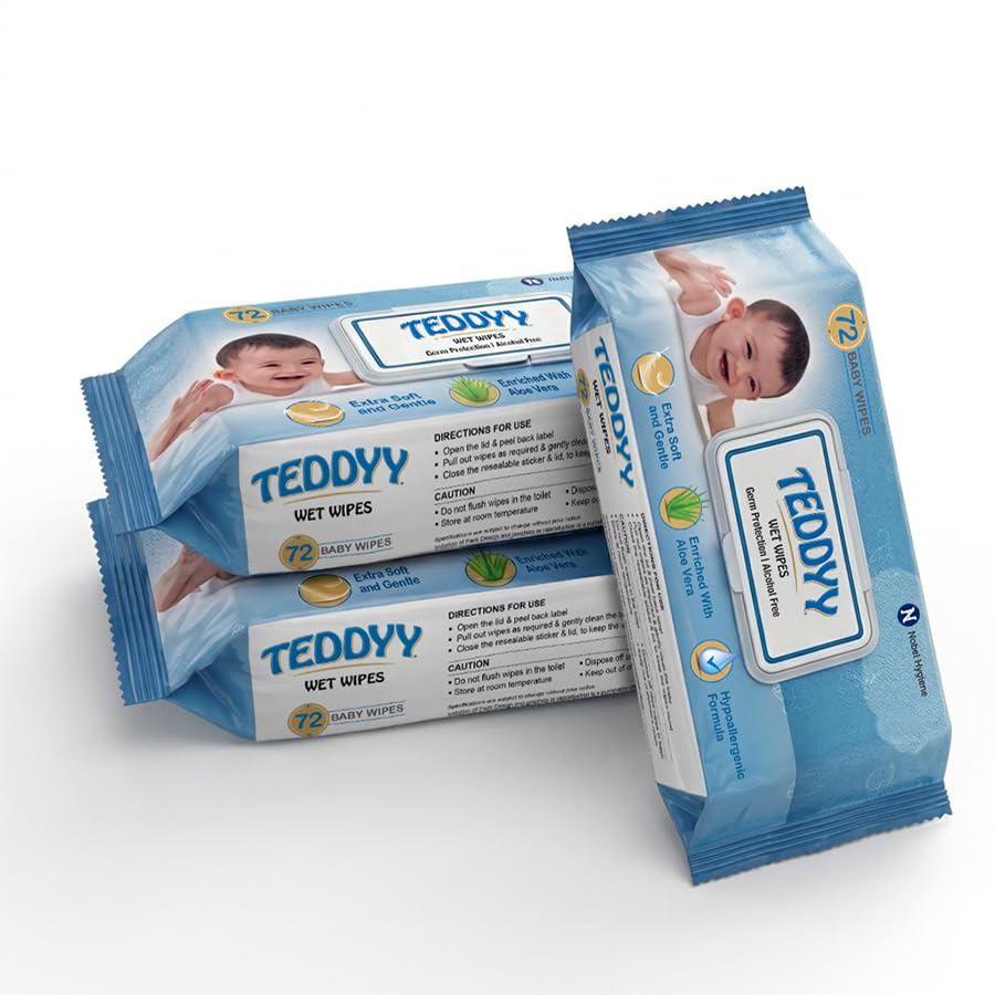 Teddyy Soft Cleansing Baby Wet Wipes with Lid | 216 Wipes | Special Germ Protection | Anti - Rash | Enriched With Aloe Vera and Vitamin E | 72 Wipes x 3 Packs