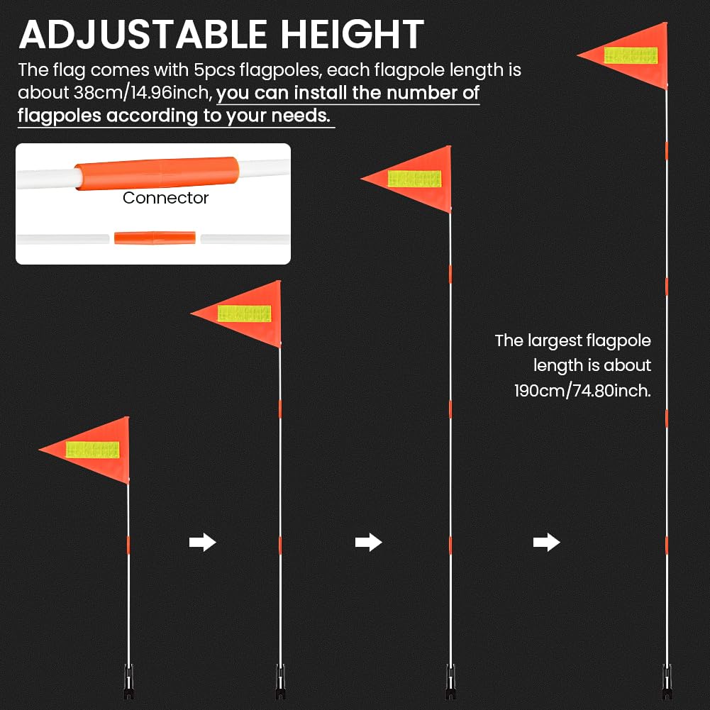 2 Pack High Visibility Bike Flags - 6 Ft Orange Safety Flag With Heavy Duty Fiberglass Pole, For Bikes & Trailers