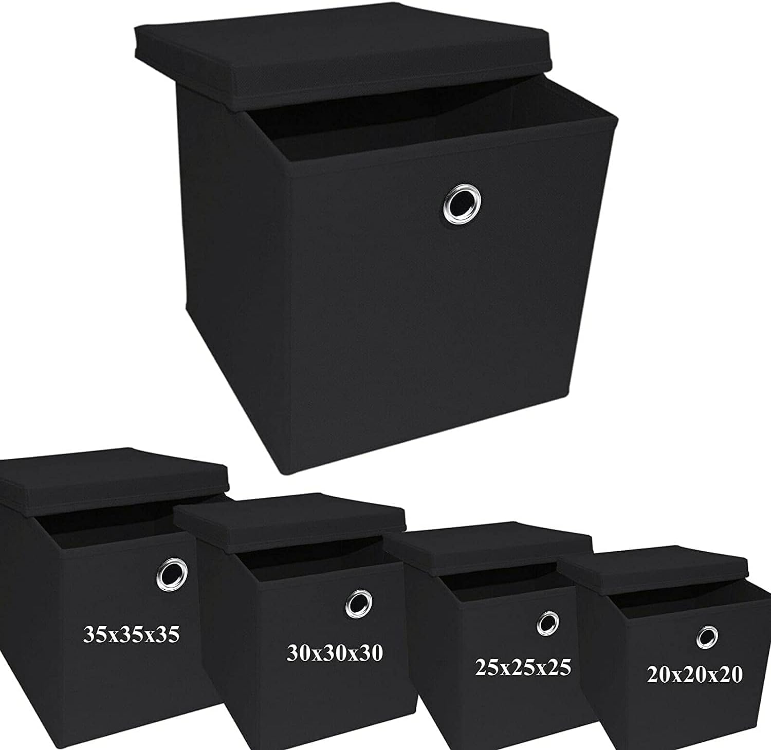 A406 3x Foldable Storage Boxes with Lid Storage Basket with Lid Fabric Cubes with Handles Collapsible Fabric Organiser Clothes Storage Box (Black, 27x27x27cm)