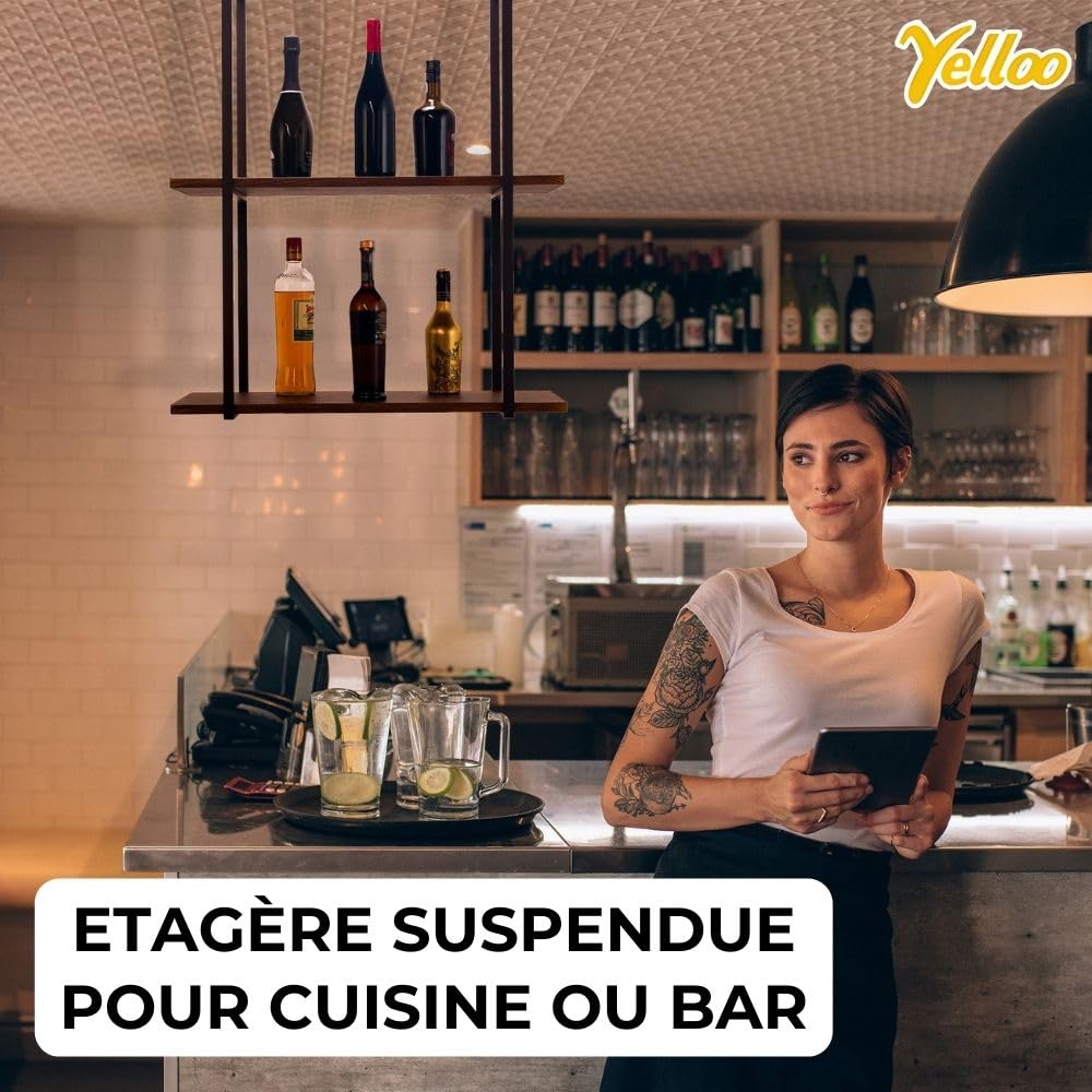 YELLOO - Etagere Cuisine Suspendu pour Rangement et Organisation de Cuisine, Etagere Murale de Plafond, Design Moderne Facile à Assembler Instructions Incluses (BAR SHELF) (Marron/Noix, 115 cm)