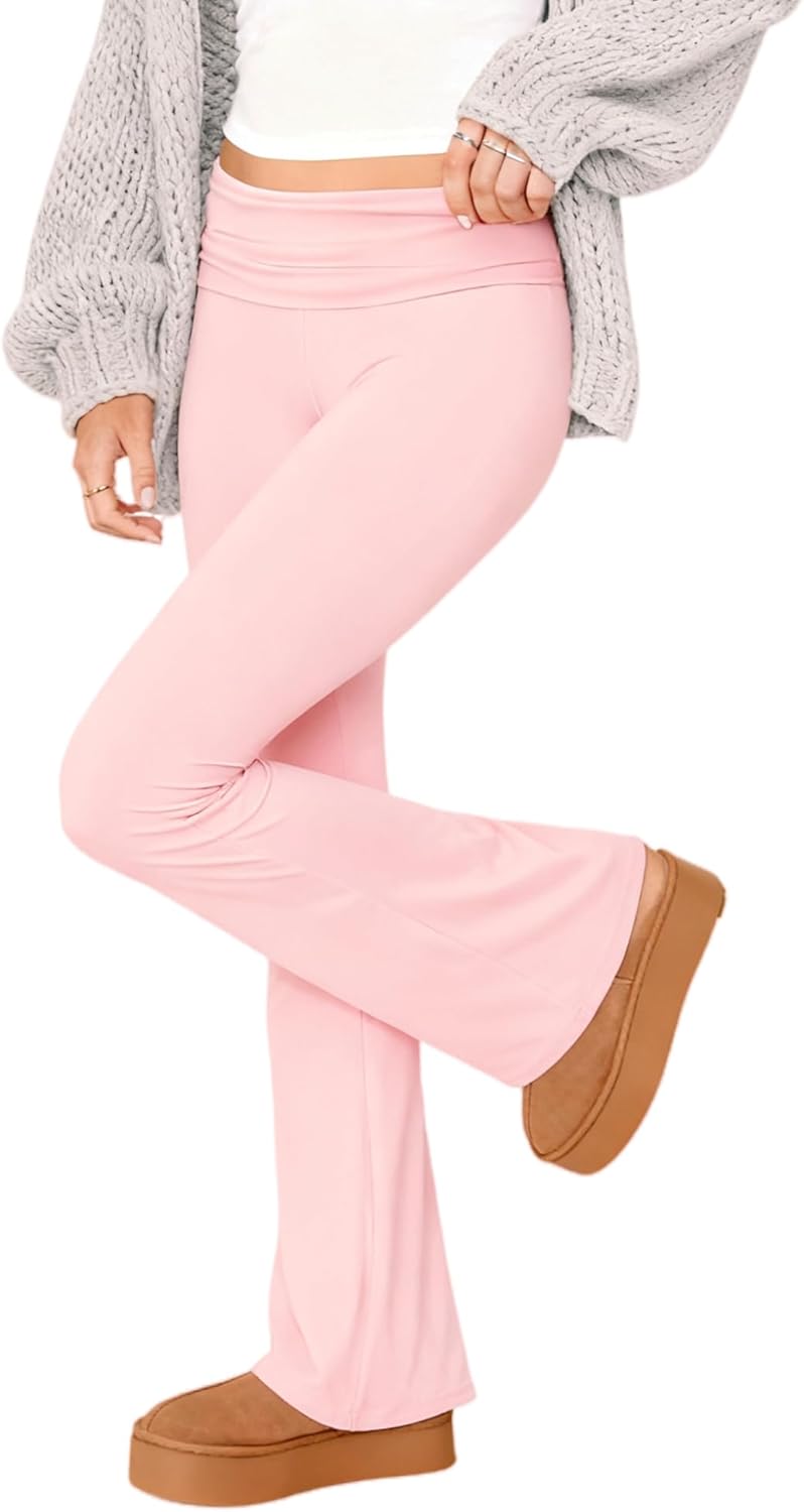 Fold Over Flare Leggings for Women Low Rise Stretch Bell Bottom Yoga Pants Teen Girls Cute Wide Leg Lounge Sweatpants - Image 3