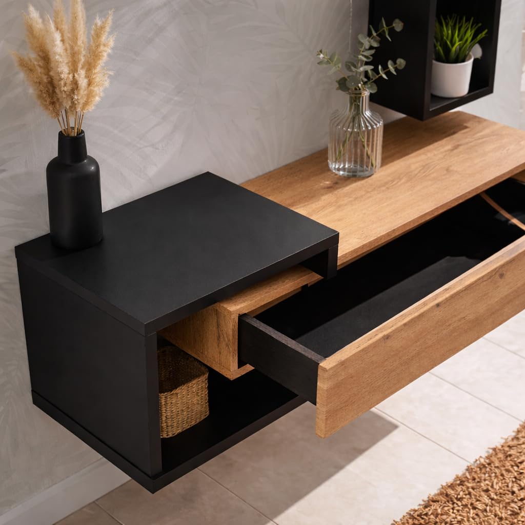 Arreditaly Set Ingresso Moderno Con Specchi Pensile A Giorno Mensola Con Cassetto Salvaspazio Mobile Da Parete Design Nordico Per Corridoio Zona Living 100 x 160 x 30 Cm (Nero e Rovere)