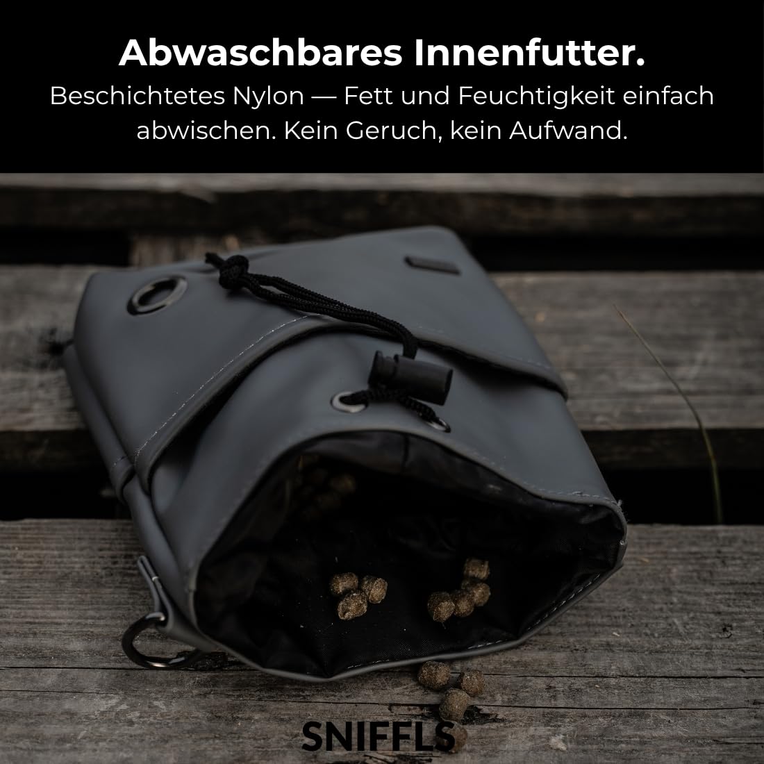 Leckerlibeutel für Hunde - Futterbeutel Hundetraining, Grau | Einhand-Kordelzug, Bruchsicherer Metall-Clip, Wasserabweisend, Mit Handy- und Kotbeutelfach, Recyceltes Material