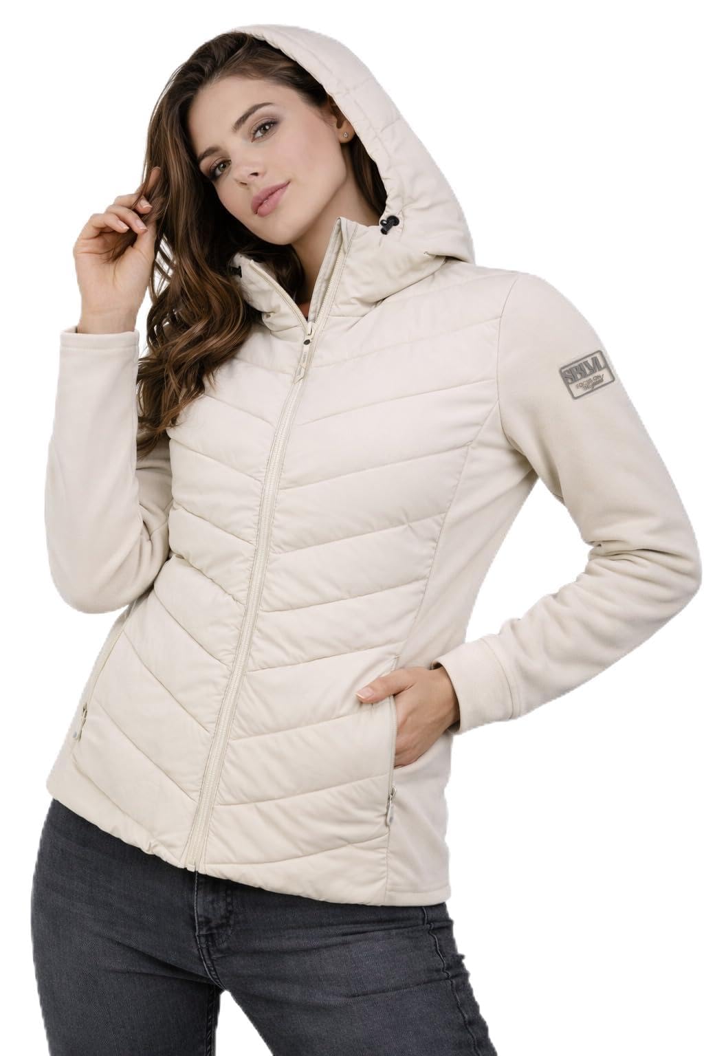 Sublevel Damen Hybridjacke mit Kapuze – Gesteppte Stepp-Front & Sweat-Ärmel – Leichte Übergangsjacke für Frühling, Sommer & Herbst