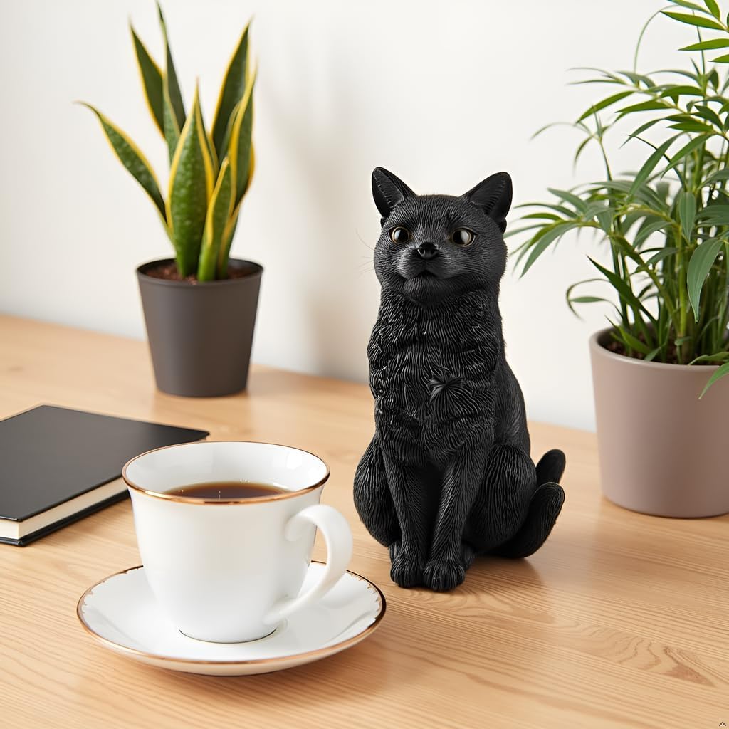 JFSM INC. Black Cat Sitting Hand Painted Figurine - 5" Resin Cat Statue, Holiday Stocking Stuffer - Cat Lover Gifts - Desk or Home Office Decor
