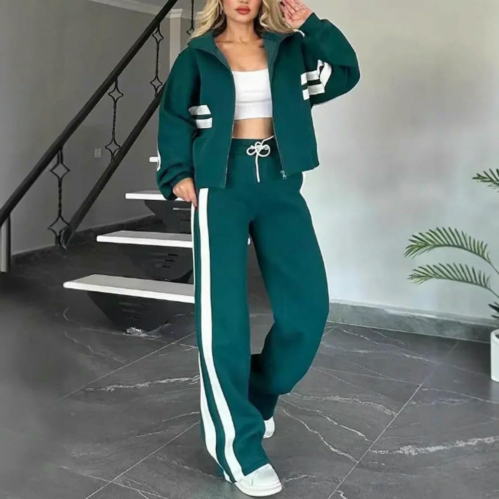 SLJYM Women Two Piece Set Pants Sets Striped Jacket Matching Sets Tops Tracksuit Autumn Spring Long Pant Casual Outfit Suits