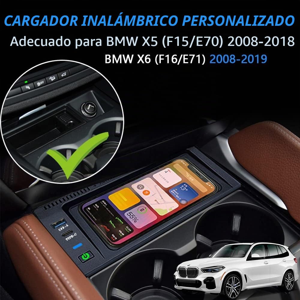 Cargador Inalámbrico Coche para BMW X5/X6 2014-2018 Consola Central Accesorio, 15W Carga Rápida Auto Teléfono Cargador para BMW X5 F15 X6 F16 2014-2018, Regalo para BMW Propietarios