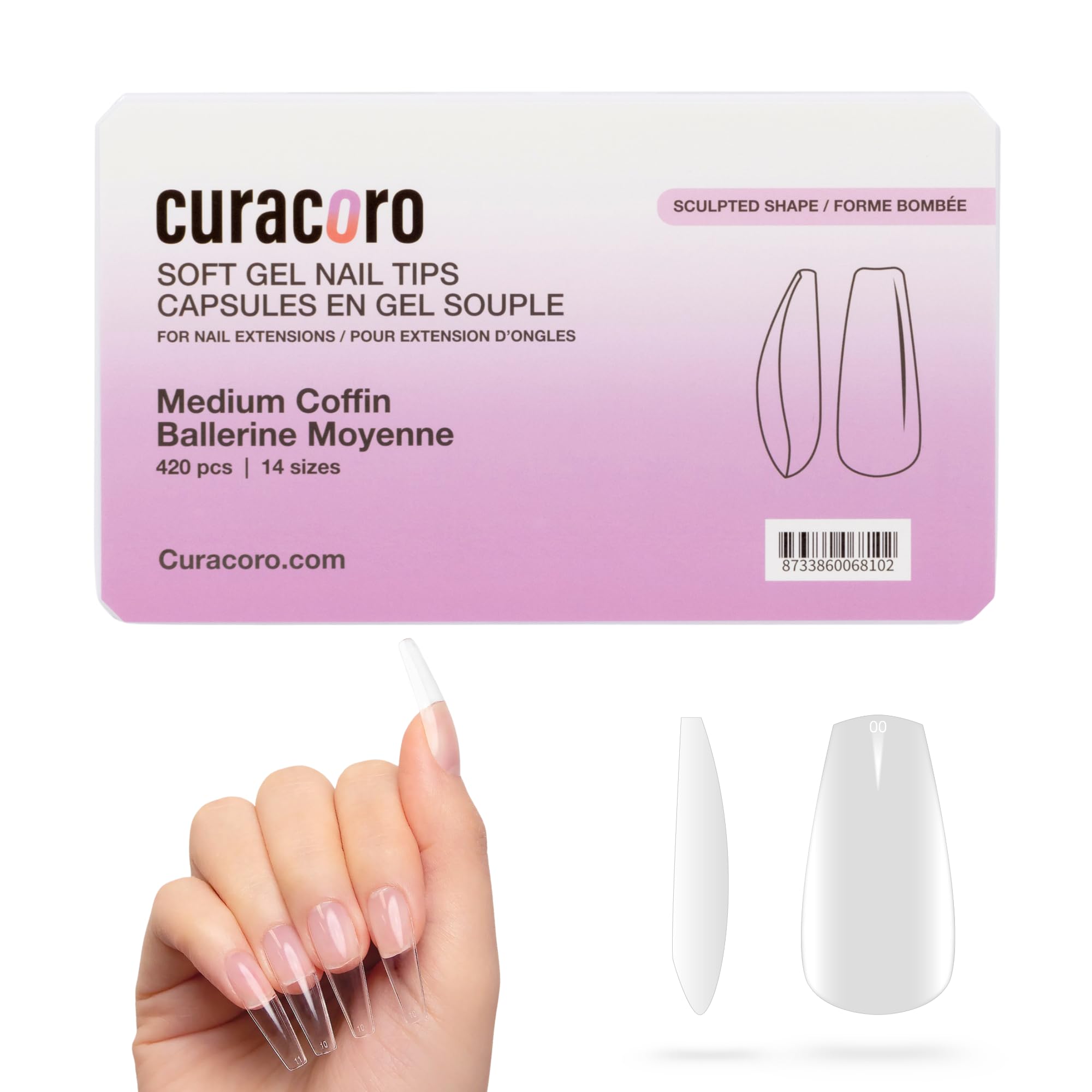 Curacoro Sculpted Medium Coffin Gel Nail Tips 420Pcs, Clear Full Cover Soft Acrylic Tips 14 Sizes, Easy to Use, Long-Lasting, Glossy Finish