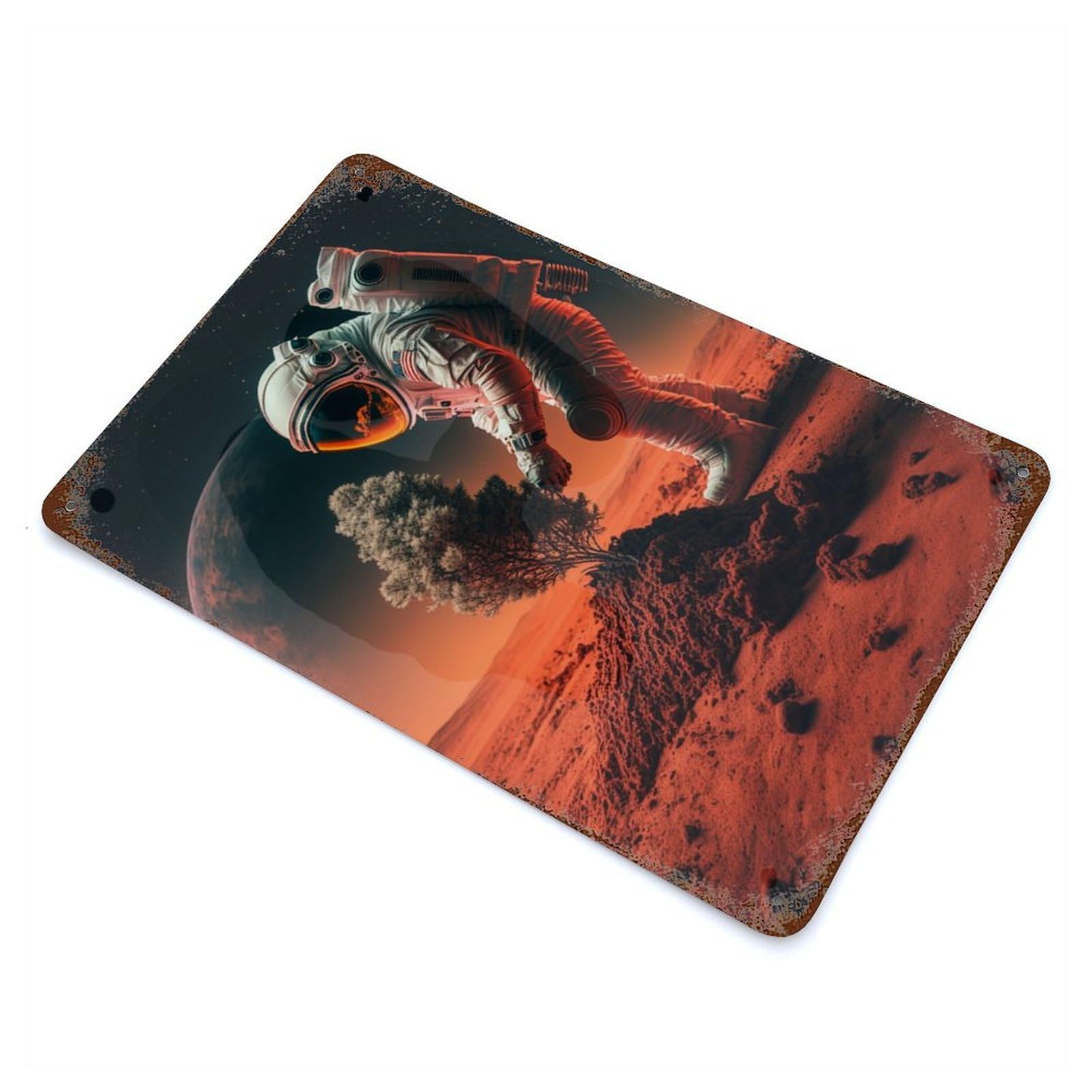 Garage Style Astronaut in Space of Tree Rustic Tin Plaque 11.8"x7.9", Classic Wall Plaque for Bar And Workshop